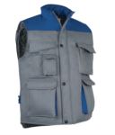 Polyester and cotton multi-pocket work vest, polyester padding. grey / royal blue colour VATHUNDERGILET.GRB