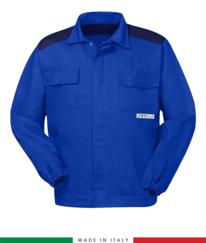 Two-tone multipro jacket, covered button closure, two chest pockets, elasticated cuffs, colour inserts on shoulders and inside collar, Made in Italy, colour royal blue/navy blue
