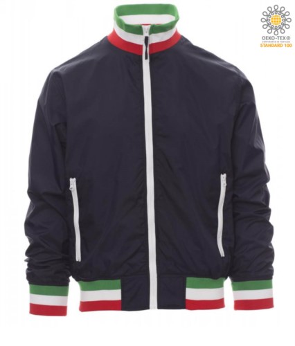 Unpadded jacket in nylon with drytech fabric; collar, cuffs and waist in rib with flag colours. Colour navy blue with Italy flag