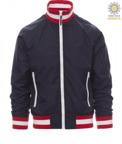 Unpadded jacket in nylon with drytech fabric; collar, cuffs and waist in rib with flag colours. Colour navy blue with Austria flag