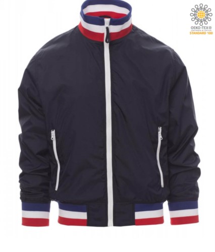 Unpadded jacket in nylon with drytech fabric; collar, cuffs and waist in rib with flag colours. Colour navy blue with France flag