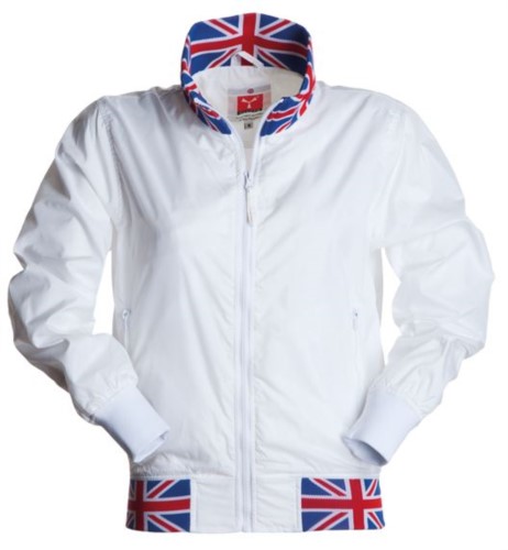 Women unpadded jacket in nylon with drytech fabric; collar, cuffs and waist in rib with flag colors. White with UK flag