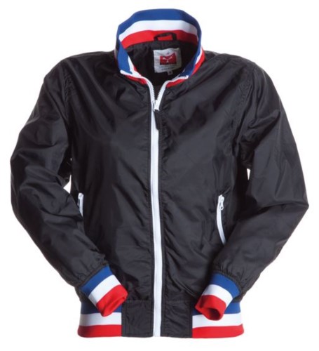 Women unpadded jacket in nylon with drytech fabric; collar, cuffs and waist in rib with flag colors. Black with France flag