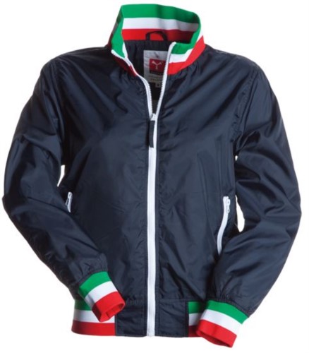 Women unpadded jacket in nylon with drytech fabric; collar, cuffs and waist in rib with flag colors. Navy Blue with Italy flag