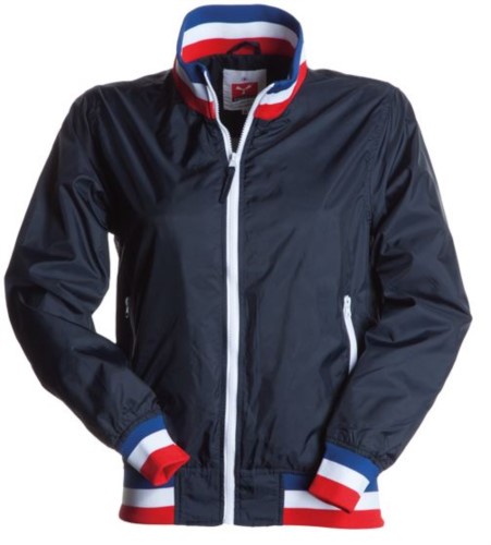 Women unpadded jacket in nylon with drytech fabric; collar, cuffs and waist in rib with flag colors. Navy Blue with France flag