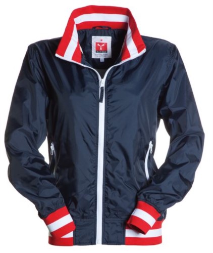 Women unpadded jacket in nylon with drytech fabric; collar, cuffs and waist in rib with flag colors. Navy Blue with Austria flag