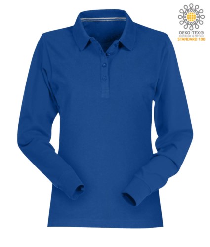 Women long sleeved cotton pique polo shirt in royal blue colour