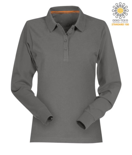 Women long sleeved cotton pique polo shirt in smoke colour