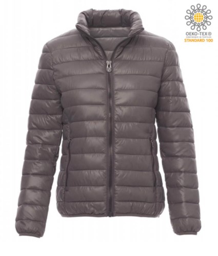 Padded nylon jacket for women with feather effect padding, interior and contrasting finishes. Colour:  grey