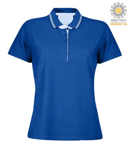 Women short sleeved jersey polo shirt, rib collar and bottom sleeve with double piping, internal neck reinforcement, colour royal blue 