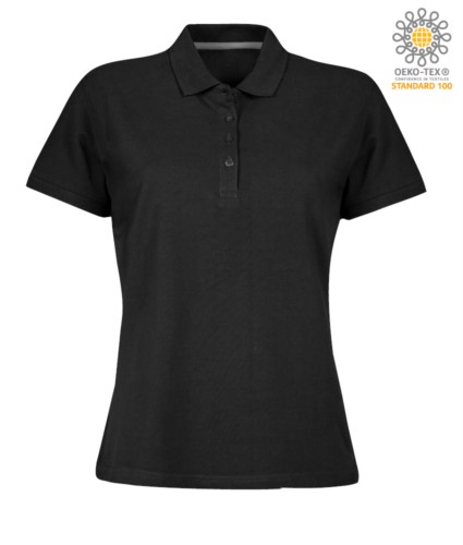 Women short sleeved polo shirt with four buttons closure, 100% cotton. black colour