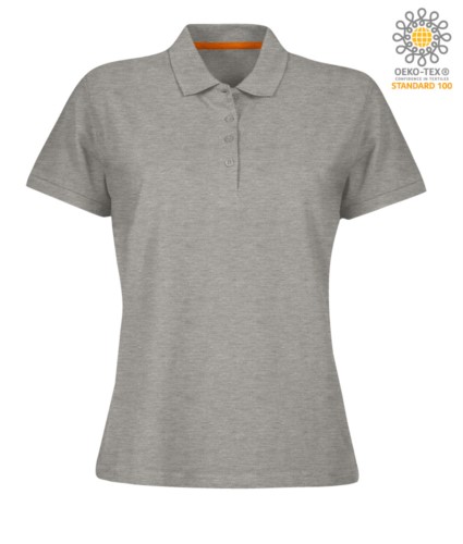 Women short sleeved polo shirt with four buttons closure, 100% cotton. melange grey colour