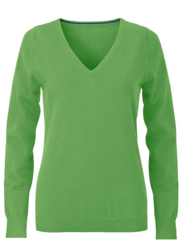 V-neck sleeveless sweater for women with elastic ribbed neckline and cuffs, 100% cotton knitted fabric. Color green